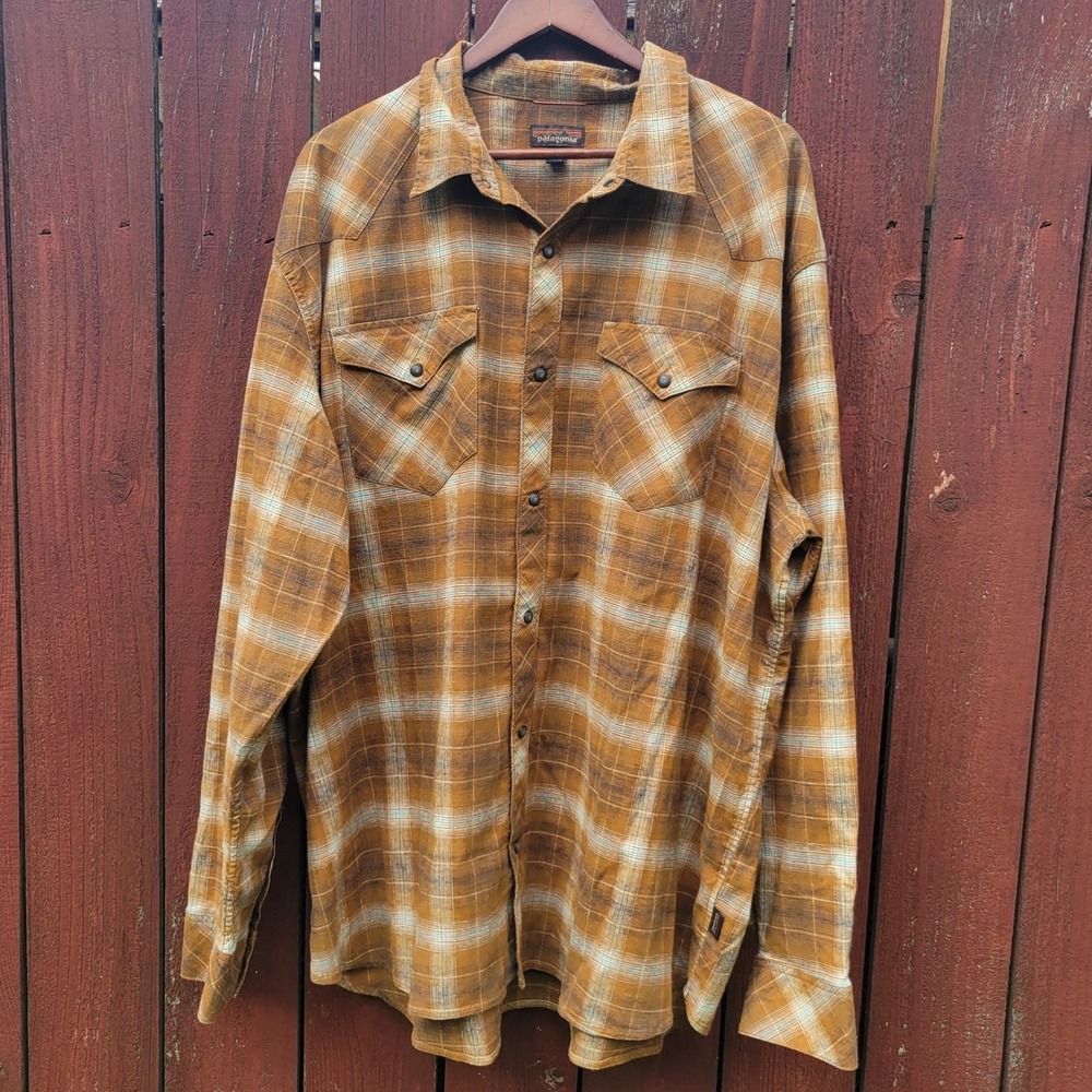 Patagonia Mens 3XL LS Western Snap Flannel Shirt Plaid Hemp Blend Cowboy Outdoor